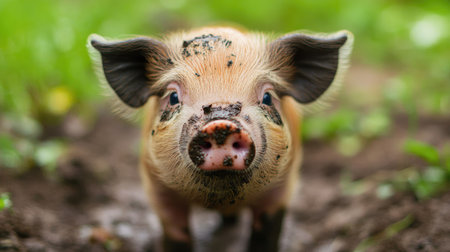 Close-up of a piglet's face with mud spots, looking directly into the camera with playful eyes.の素材