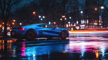 A blue sports car with LED lights leaving colorful streaks of light on a rainy nightの素材