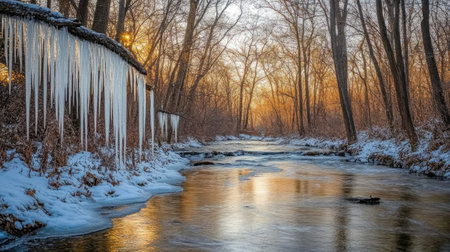 Icicles hanging from branches above a flowing winter river in a peaceful forest.の素材