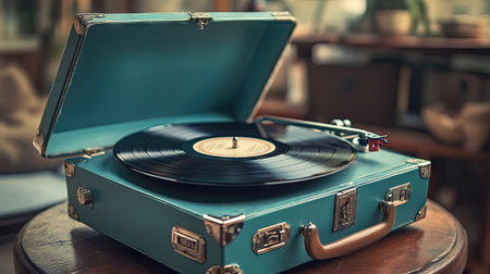 A classic suitcase-style portable record player with a retro design, sitting open on a tableの素材
