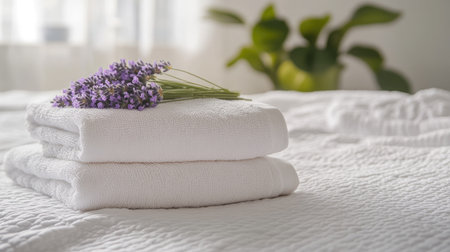 Close-up of towels stacked neatly with lavender flowers on a soft, white linen bedspread.の素材