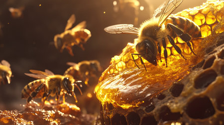 Golden honey oozing from a honeycomb cell, surrounded by bees busily working.の素材