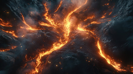 Molten lava creating intricate patterns as it cools, glowing brightly in the darkness.の素材