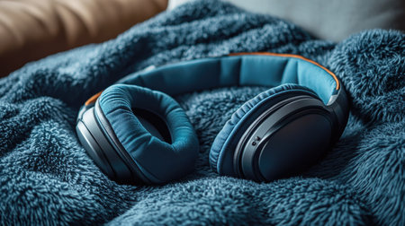 An eye mask paired with noise-canceling headphones, lying on a soft blanket for a travel-ready vibeの素材