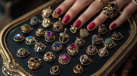 Close-up of a hand showcasing a variety of gemstone-studded nose rings on a polished tray.の素材