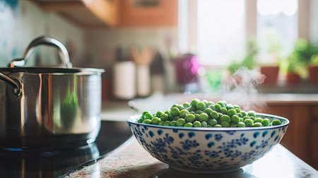 A bright kitchen scene with a ceramic bowl of peas and a pot of boiling water in the backgroundの素材