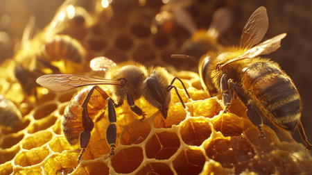 Close-up of bees communicating through antennae on a honeycomb structure.の素材