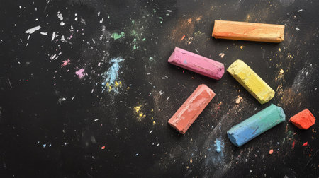 Chalk pastels in various hues lying on a black surface, with dust smudges forming patterns.の素材