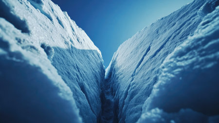 Close-up of deep cracks running through a towering glacier under a clear blue sky.の素材