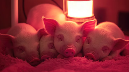 Piglets cuddled together under a heat lamp, their soft pink skin glowing warmly.の素材