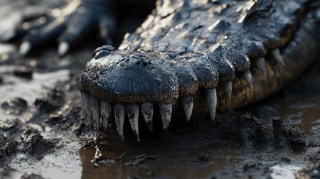 Close-up of a crocodile's textured skin and sharp teeth as it rests on a muddy farm surface.の素材