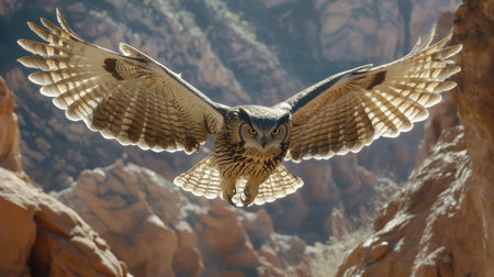 A dramatic shot of a large owl flying through a canyon, with its powerful wings spanning the rocky expanse.の素材