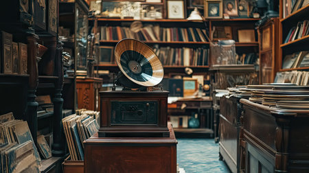 An elegant antique shop setting featuring a vintage record player and old records for saleの素材