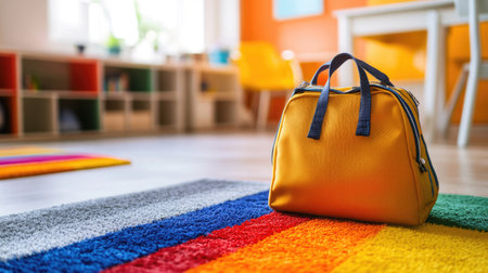 A child's square school bag lying on a soft rug in a vibrant family living roomの素材