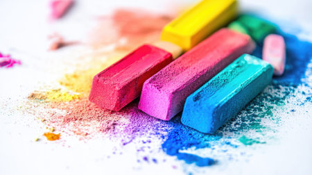 Chalk pastels creating a multicolored gradient against a white background, with smudges around them.の素材