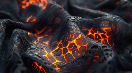 Molten lava creating intricate patterns as it cools, glowing brightly in the darkness.の素材