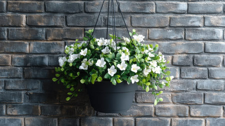 Artificial flowers in a hanging pot displayed against a textured brick wallの素材