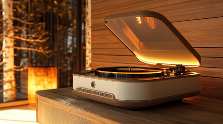 A s-style record player with an open lid, sitting on a wooden table with warm lightingの素材