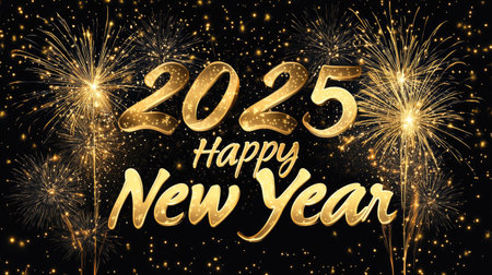 A black-and-gold themed  Happy New Year with matching fireworks lighting up a dramatic night skyの素材