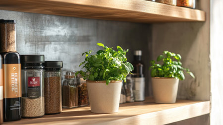 Artificial greenery in ceramic pots on a kitchen shelf, paired with spices and cookbooksの素材
