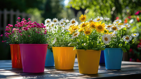 Artificial daisies in colorful pots arranged on an outdoor table for a summer garden partyの素材