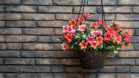 Artificial flowers in a hanging pot displayed against a textured brick wallの素材