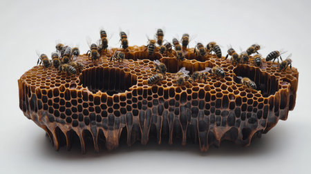 Honeybees building comb structures, showcasing their intricate teamwork.の素材