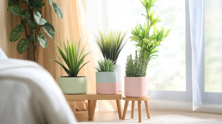 A bedroom corner featuring artificial plants in pastel-colored pots on a small standの素材
