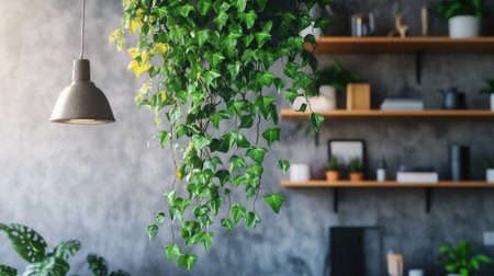 Artificial ivy cascading from a decorative wall-mounted pot in a stylish urban apartmentの素材