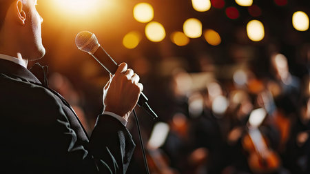 A classical singer holding a microphone with a symphony orchestra in the backgroundの素材