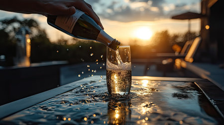Hands in motion uncorking a chilled champagne bottle on a luxurious outdoor terrace during sunset.の素材
