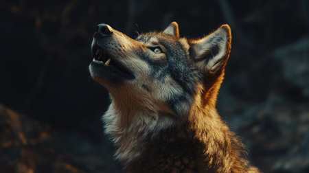 Close-up of a wolf mid-howl, its head tilted back with the glowing moon in the background.の素材