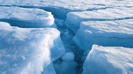 The jagged surface of a glacier, with sunlight highlighting the contours of its deep cracks.の素材