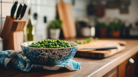 A bowl of green organic peas on a kitchen counter, with pea pods and a cutting board nearbyの素材