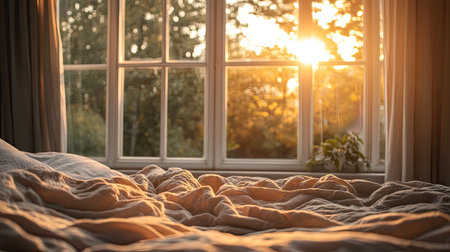 A bed by a large window, the crumpled blanket illuminated by golden hour lightの素材