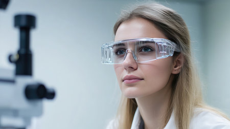 A woman undergoing a depth perception test with specialized glasses in a clinical setting.の素材