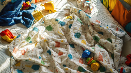 A child's bed with a colorful, wrinkled blanket and scattered toysの素材