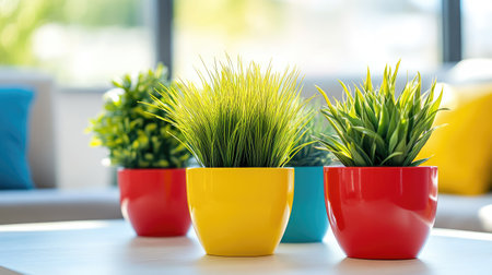 A bright living room with artificial plants in colorful pots arranged on a coffee tableの素材