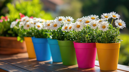 Artificial daisies in colorful pots arranged on an outdoor table for a summer garden partyの素材