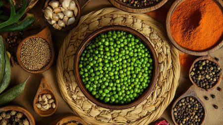 A bowl of green peas placed on a woven mat, surrounded by various spices and seasoningsの素材