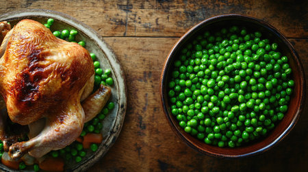 A ceramic bowl of green peas placed next to a plate of roasted chicken on a rustic dining tableの素材
