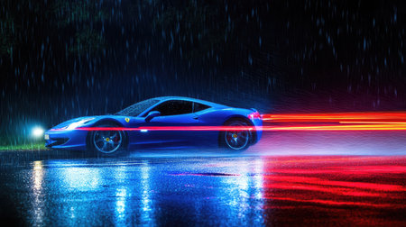 A blue sports car with LED lights leaving colorful streaks of light on a rainy nightの素材