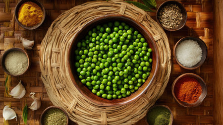 A bowl of green peas placed on a woven mat, surrounded by various spices and seasoningsの素材