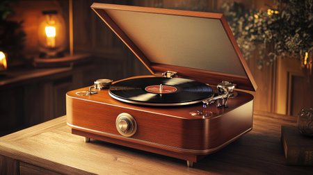 A s-style record player with an open lid, sitting on a wooden table with warm lightingの素材