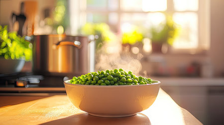 A bright kitchen scene with a ceramic bowl of peas and a pot of boiling water in the backgroundの素材