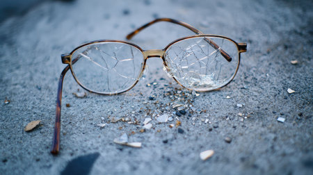 Broken eyeglasses on a concrete floor, with one lens shattered into tiny fragments.の素材