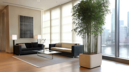 Artificial bamboo in a tall planter placed in the corner of a modern living roomの素材