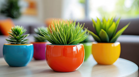 A bright living room with artificial plants in colorful pots arranged on a coffee tableの素材