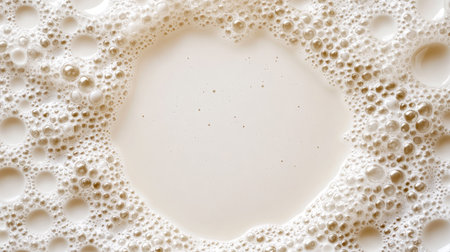 A circular arrangement of foam bubbles, creating an artistic frame on a neutral backgroundの素材