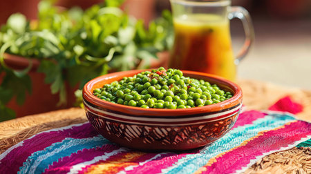 A bowl of green organic peas on a colorful striped cloth with a jug of fresh juice in the backgroundの素材